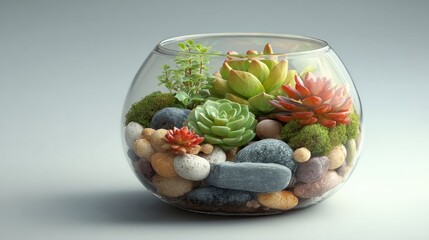 Enclosed Succulent Garden in a Glass Bowl, Vibrant Colors and Textures