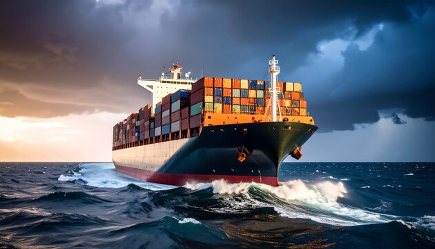 Large cargo ship navigating choppy seas under dramatic sky - Powered by Adobe
