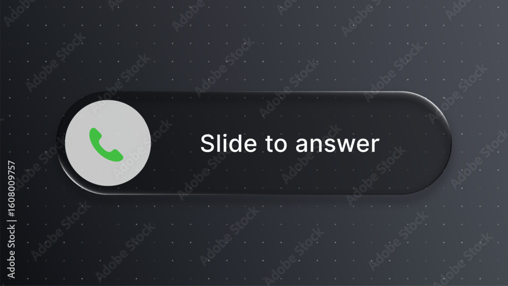Poster slide to answer incoming call button on a dark background. glassmorphism user interface element for 