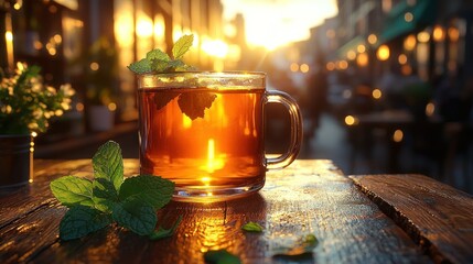 Warm evening tea in a caf?