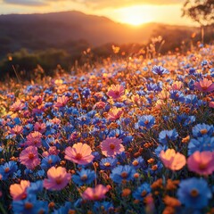 Vibrant wildflowers carpet a hillside at sunset.  A breathtaking display of color