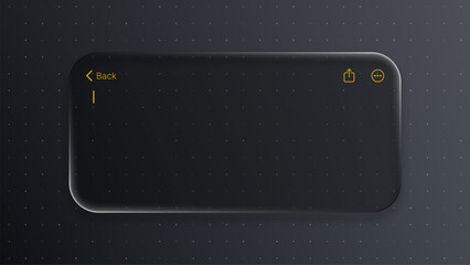 Text message box with liquid glass black vector. Glassmorphism style chat interface on dark background. UI design for mobile application.