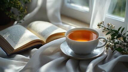 Warm tea, open book, sunlight