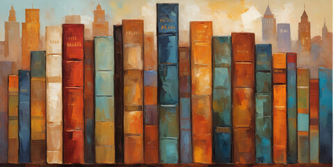 Abstract Painting of a City Skyline Composed of Books, Warm Tones, Literary Urban Landscape