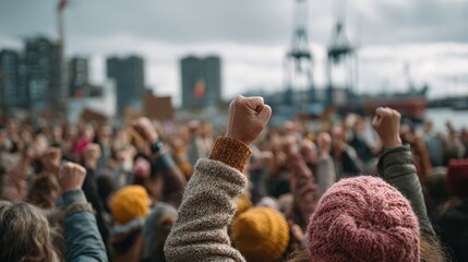 Crowd raising fists in protest near a harbor and city buildings. Use to illustrate social justice issues, activism, or public demonstrations.