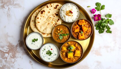 Indian meal platter with naan, rice, and curries