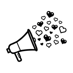 Art of a megaphone broadcasts a shower of hearts, symbolizing love and communication