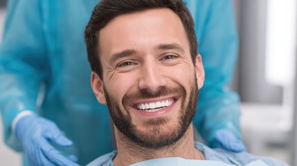 Happy man smiles brightly at the dentist office, after treatment. Use for dental care promotion or satisfied patient testimonials.