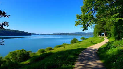 A serene landscape featuring a winding path leading to a peaceful lake, surrounded by lush greenery, conveying a