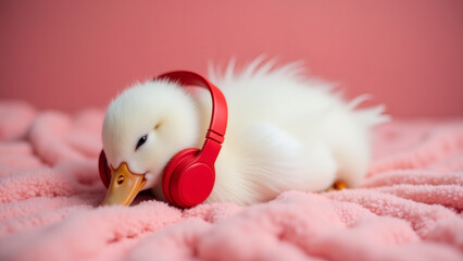 Cute duckling wearing red headphones lying on a pink fluffy blanket