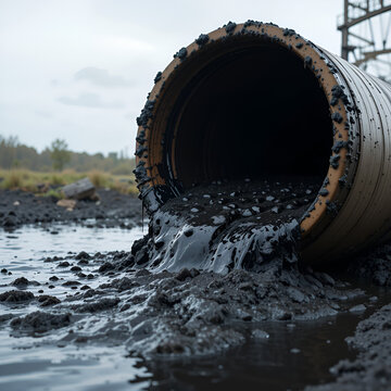 Viscous black sludge flows from an industrial pipe into water, signifying severe pollution and environmental harm.