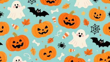 Fototapeta premium A whimsical and festive Halloween-themed pattern featuring a playful mix of spooky elements on a light background. Halloween Costumes, Halloween Background, Happy Halloween