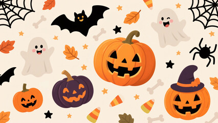 A whimsical and festive Halloween-themed pattern featuring a playful mix of spooky elements on a light background. Halloween Costumes, Halloween Background, Happy Halloween