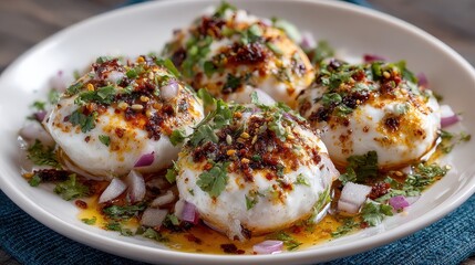 Delicious cheese with spices and onions served on a white plate. It illustrates healthy food, cuisine and recipe for food blog and culinary.