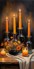Still Life with Lit Candles and Flowers