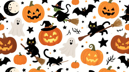 A whimsical Halloween pattern featuring a playful and festive design on a white background. Halloween Costumes, Halloween Background, Happy Halloween