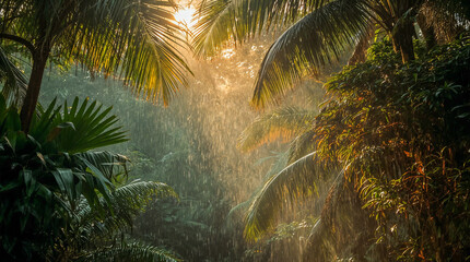 Naklejka premium Golden rays of sunlight pierce through a tropical downpour, illuminating lush palm fronds and dense foliage in a vibrant rainforest.