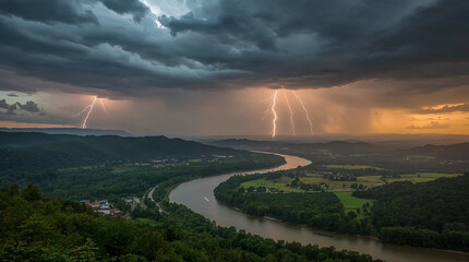 Obraz premium A dramatic thunderstorm illuminates the sky with multiple lightning strikes over a winding river and lush green valley, creating an awe-inspiring natural spectacle.