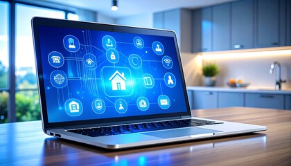 Laptop displaying smart home interface in a modern kitchen