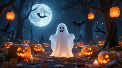 A whimsical Halloween scene featuring a glowing, friendly ghost with a warm smile standing amidst an enchanting pumpkin patch. Halloween Costumes, Halloween Background, Happy Halloween
