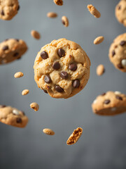 Bakery products flying in the air with a cookie falling on transparent.