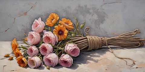 Elegant Wildflower Bouquet Painting with Rope Tied Stems