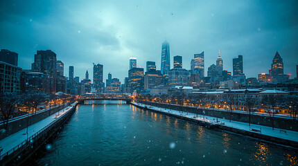 A serene winter cityscape at dusk, with snow falling gently over a river and a glowing skyline.