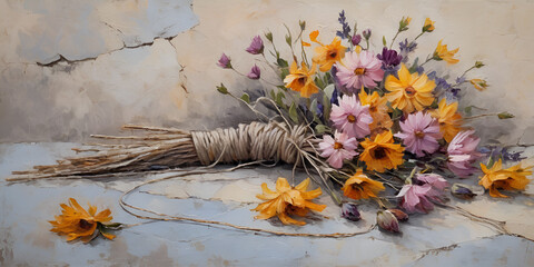 Elegant Wildflower Bouquet Painting with Rope Tied Stems