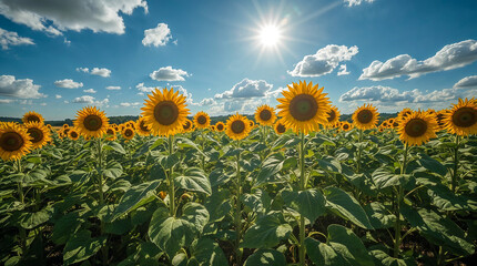 A vast field of sunflowers under a bright blue sky with fluffy clouds and a radiant sun shining down, creating a vibrant and picturesque scene.