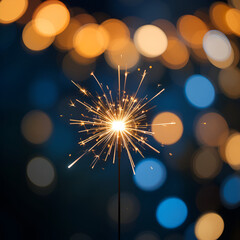 burning sparkler on bokeh background from lights of garland