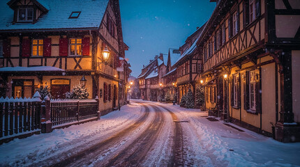 Fototapeta premium A picturesque street lined with charming half-timbered houses is covered in a blanket of snow, illuminated by warm, inviting streetlights as snow gently falls.