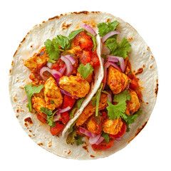 Flavorful Chicken Tacos with Fresh Vegetables and Herbs on a Soft Tortilla on transparent background