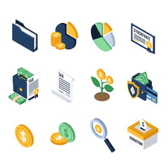Isometric financial icons set. Collection of 3D symbols for money management, banking, investment,...
