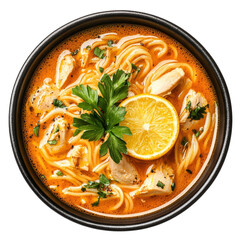 Delicious Chicken Noodle Soup with Lemon and Fresh Parsley in a Rich Broth on transparent background