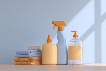 create d visualization of household cleaning product packaging showcasing various designs