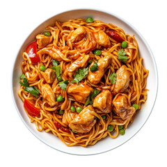 Delicious Chicken Lo Mein with Vegetables in a White Bowl, Perfect for Dinner or Takeout on transparent background