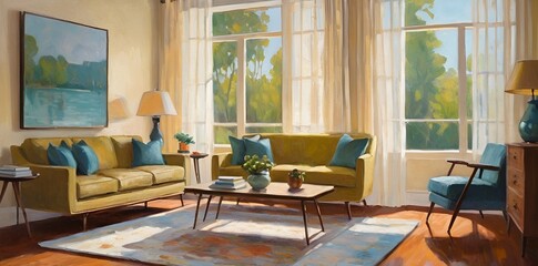Sunny Mid-Century Modern Living Room Interior Painting with Yellow and Blue Decor