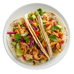 Flavorful Chicken Tacos with Fresh Vegetables and Lime on a White Plate on transparent background
