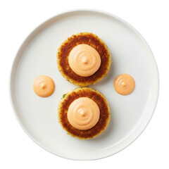 Fototapeta premium Overhead Shot of Two Round Crab Cakes with Creamy Sauce on a White Plate Isolated on Transparent Background