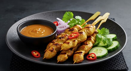 Close-up of succulent grilled chicken satay skewers, perfectly charred and caramelized, on a wooden serving board. The grilled meat is juicy and flavorful, perfect for a summer barbecue or party