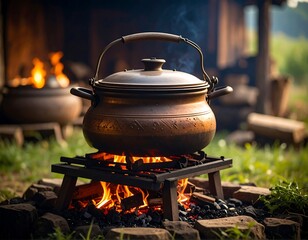 Large copper pot over campfire outdoors
