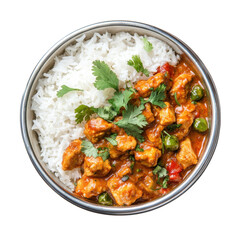 Delicious Chicken Curry with Rice Garnished with Fresh Herbs in a Bowl on transparent background