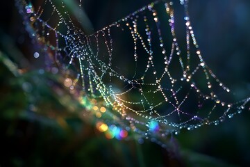 A close up of a spider web covered in water droplets with a blurred dark green background