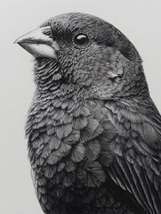 Fototapeta premium Intricate ink drawing presents a close-up view of a detailed black bird with soft light on its plumage.