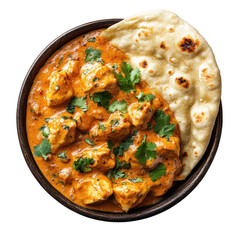 Creamy Chicken Curry with Naan Bread Garnished with Fresh Cilantro on transparent background