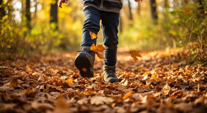 A child's joyful adventure on an autumn path kicking up fallen leaves with small shoes