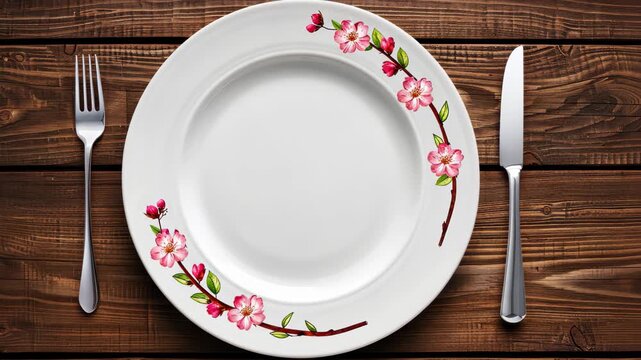 Plate with Floral Detail and Cutlery: A close-up shot of a white plate decorated with floral motif, flanked by a fork and knife on a rustic wooden surface. A setting for a culinary occasion.