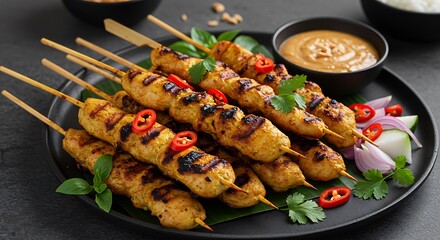 Close-up of succulent grilled chicken satay skewers, perfectly charred and caramelized, on a wooden serving board. The grilled meat is juicy and flavorful, perfect for a summer barbecue or party
