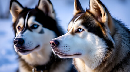 Two siberian husky dogs closeup portrait