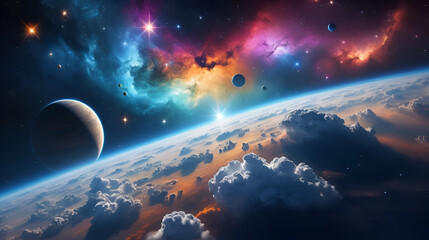 Cinematic view of deep space clouds with sparkling clusters and colorful ionized gases.